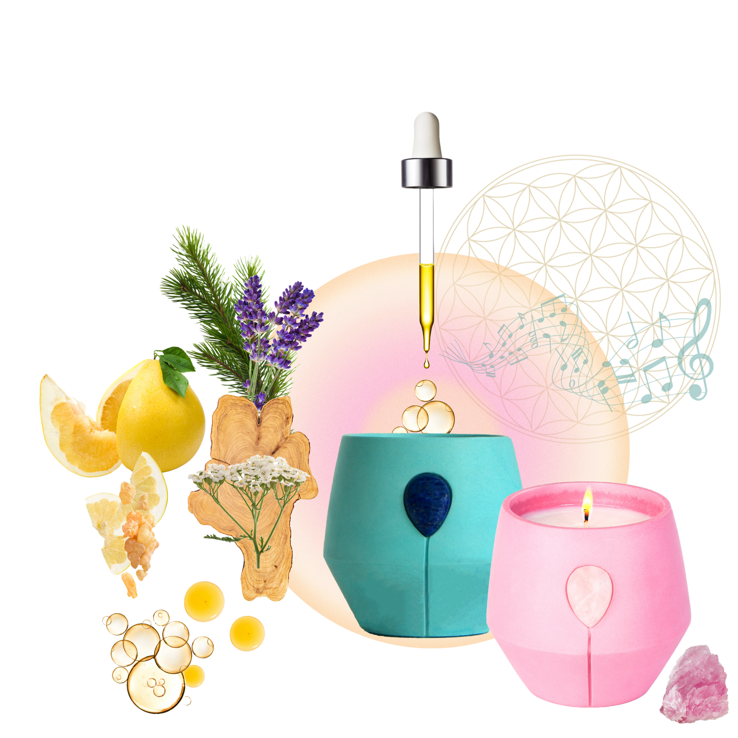 An image showing the first two Luna candles that were created for Kalmyen Aurora a pink candle jar adorned with a rose quartz crystal and Lazurite adored with Lapis Lazuli candles that defined the brand shown with a collage of natural ingredients and the flower of life and musical notes that represent the frequencies of the essence scents inside the jars.