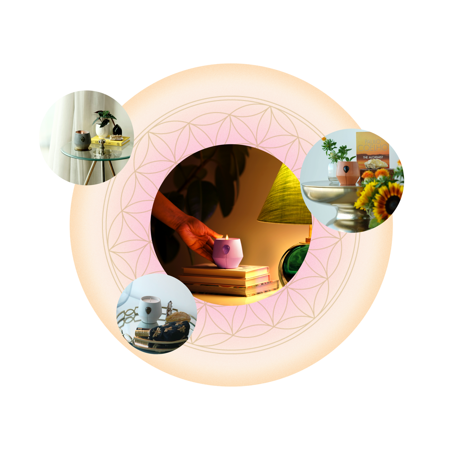 A collage image showing Luna candles in lifestyle images Aurora sits centre on a stack on books, Osaka on a golden table surrounded by Sunflowers, Amber oro adorned on a golden tray on a dresser and coast is perched perfectly on a glass side table.