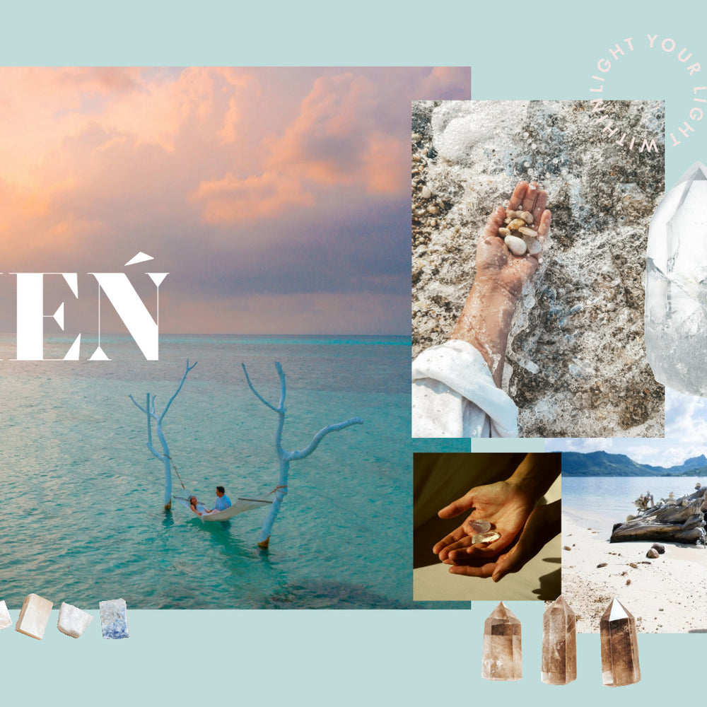 Image depicting the pronunciation of the name Kalmyen in Polish. Features a couple in a hammock on a clear turquoise ocean with the sun beaming behind a cloud in hues of gold. Also includes the Kalmyen signature Luna candle jar adorned with its gemstone, along with various images of gemstones held in hands and crystal points against the signature teal Kalmyen color.