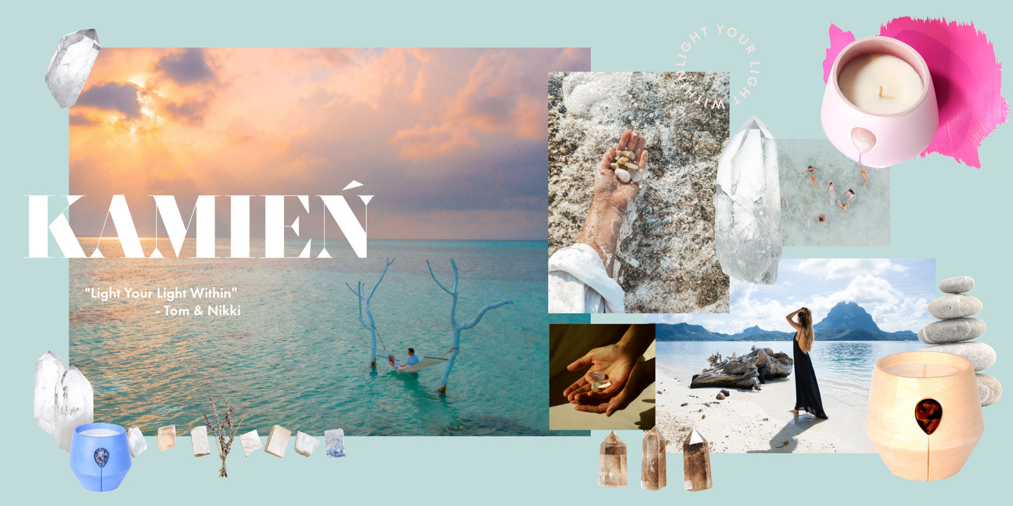 Image depicting the pronunciation of the name Kalmyen in Polish. Features a couple in a hammock on a clear turquoise ocean with the sun beaming behind a cloud in hues of gold. Also includes the Kalmyen signature Luna candle jar adorned with its gemstone, along with various images of gemstones held in hands and crystal points against the signature teal Kalmyen color.