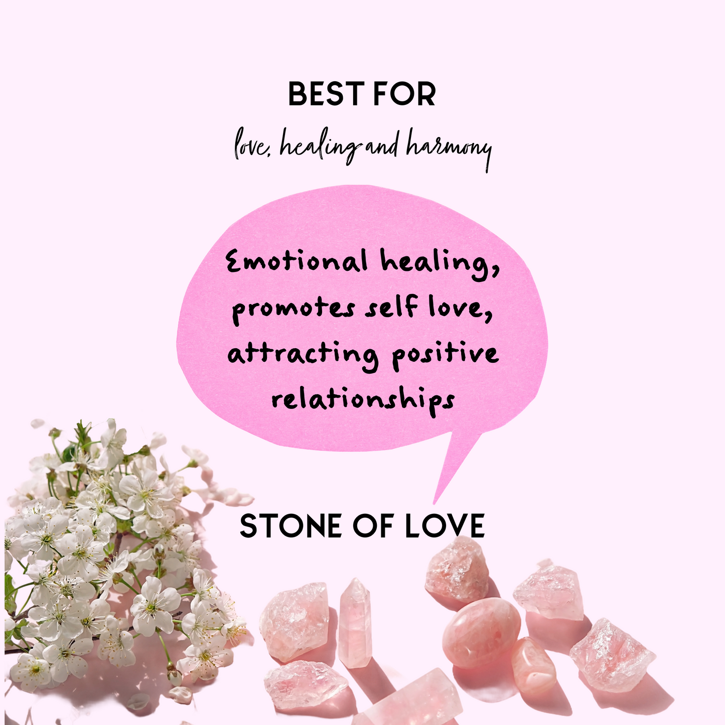 Mini infograph featuring Rose Quartz Crystals a small white flowering plant and a speech bubble that reads: Emotional Healing, promotes self love, attracting positive relationship. 