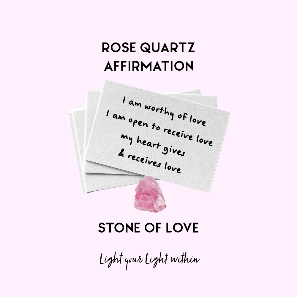 Image of Rose Quartz Affirmation Cards held together with a Rose Quartz crystal the affirmation reads: I am worthy of love, I am open to receive love, my heart gives and receives love. 
