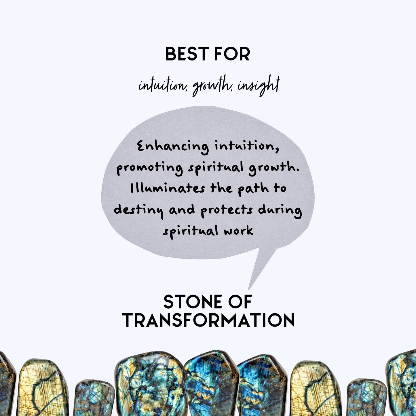 Mini infograph featuring Labradorite Crystals and a speech bubble that reads: Enhancing intuition, promoting spiritual growth. Illuminates the path to destiny and protects during spiritual work.  