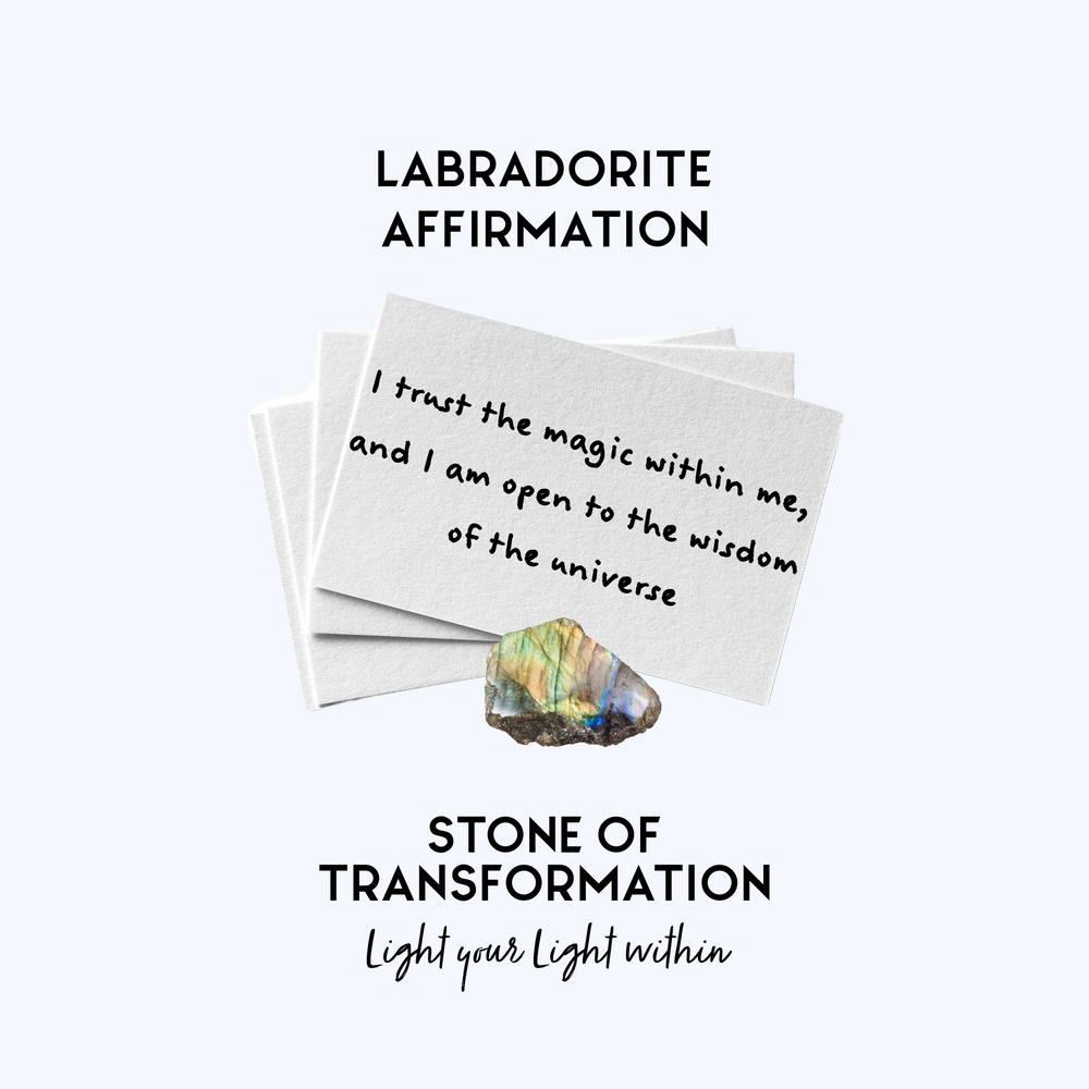 Image of Labradorite Affirmation Cards held together with a Labradorite crystal the affirmation reads: I trust the magic within me, and I am open to the universe. 