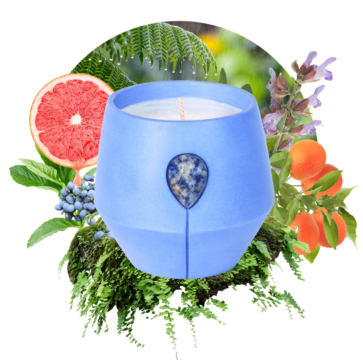Image of Luna Petrichor candle with its scent collage at the back - the text reads: Embark on a journey with Spearmint, Cedarwood, the soothing energy of Blue Spot Jasper in our calming blue vessel. Evoking the deep forest, this invigorating scent is designed to uplift your space