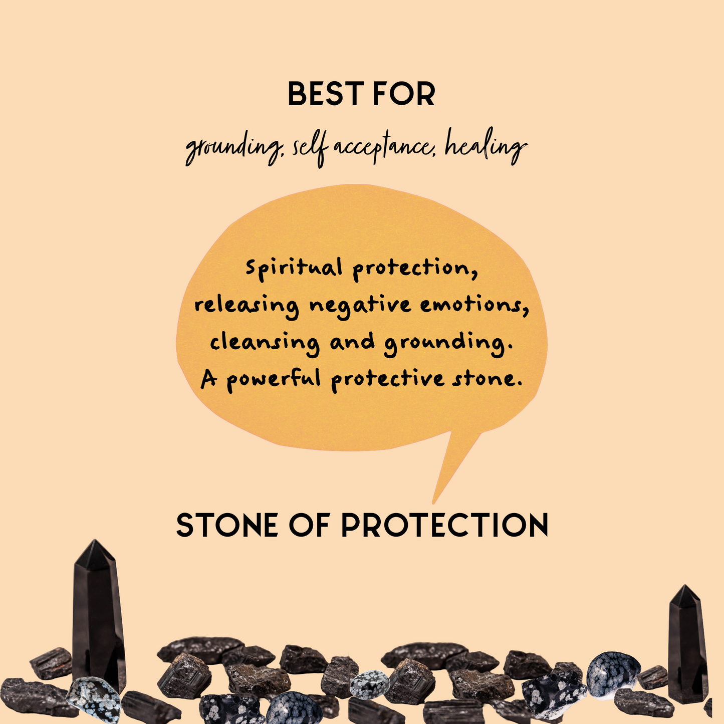 Mini infograph featuring Obsidian Crystals and a speech bubble that reads: Spiritual protection, releasing negative emotions, cleansing and grounding. A powerful protective stone. 