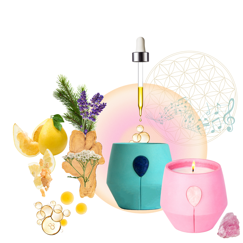 An image showing the first two Luna candles that were created for Kalmyen Aurora a pink candle jar adorned with a rose quartz crystal and Lazurite adored with Lapis Lazuli candles that defined the brand shown with a collage of natural ingredients and the flower of life and musical notes that represent the frequencies of the essence scents inside the jars.  