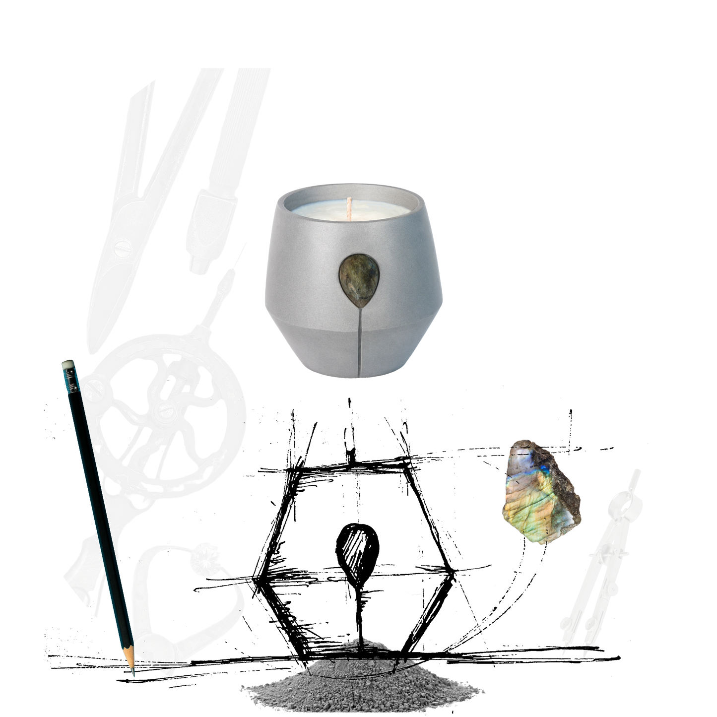 An image of Luna Coast candle, with a drawing of the first design of Luna jars, and the tools used to create the final vessel, a raw Labradorite gemstone is also shown to illustrate how the jars are adorned with natural earth crystals. 