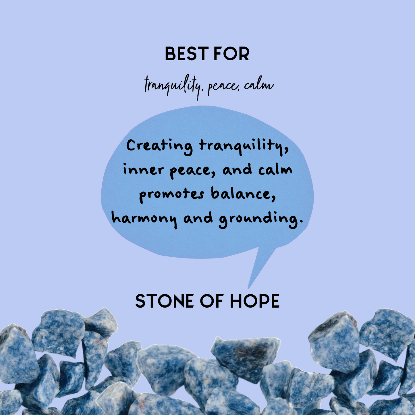Mini infograph featuring Blue Spot Jasper Crystals and a speech bubble that reads: Creating tranquility, inner peace, and calm, promotes balance, harmony and grounding. 