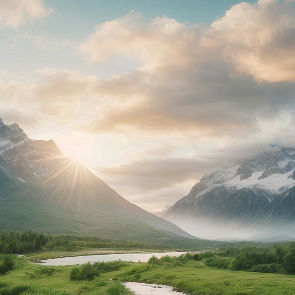Landscape scene featuring snowy mountains in the distance with the sun peeking behind them. The sky is blue, and green pastures with a flowing river are in the foreground - with the quote "Light your Light within"