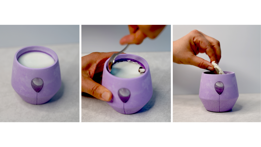 Luna Iris Jar is shown in 3 images for step two how to reuse your luna jar, melted wax has created a wax disc at the top of the candle. A spoon is shown piercing the disc and cutting along the inside edge of the candle, the next image shows the disc of wax being carefully removed from the candle jar. 