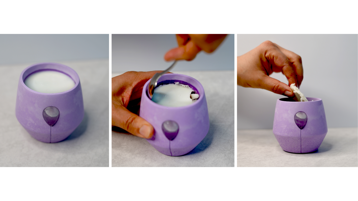Luna Iris Jar is shown in 3 images for step two how to reuse your luna jar, melted wax has created a wax disc at the top of the candle. A spoon is shown piercing the disc and cutting along the inside edge of the candle, the next image shows the disc of wax being carefully removed from the candle jar. 
