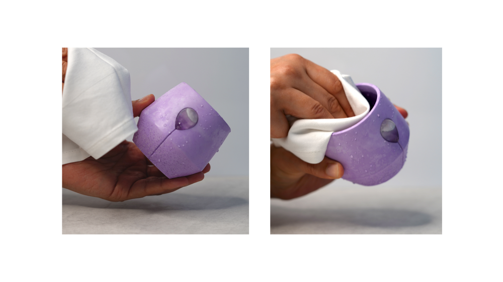 Luna Iris Jar showing 2 images, the first image is showing the jar has just been washed and has water droplets on the outside. The second image shows the candle jar being dried with a cotton tea towel. 