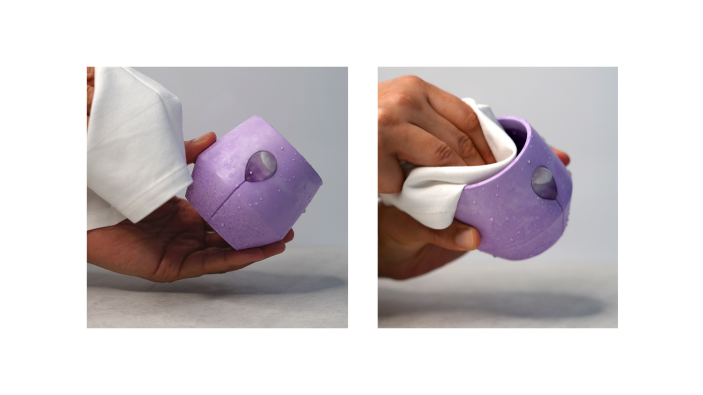 Luna Iris Jar showing 2 images, the first image is showing the jar has just been washed and has water droplets on the outside. The second image shows the candle jar being dried with a cotton tea towel. 