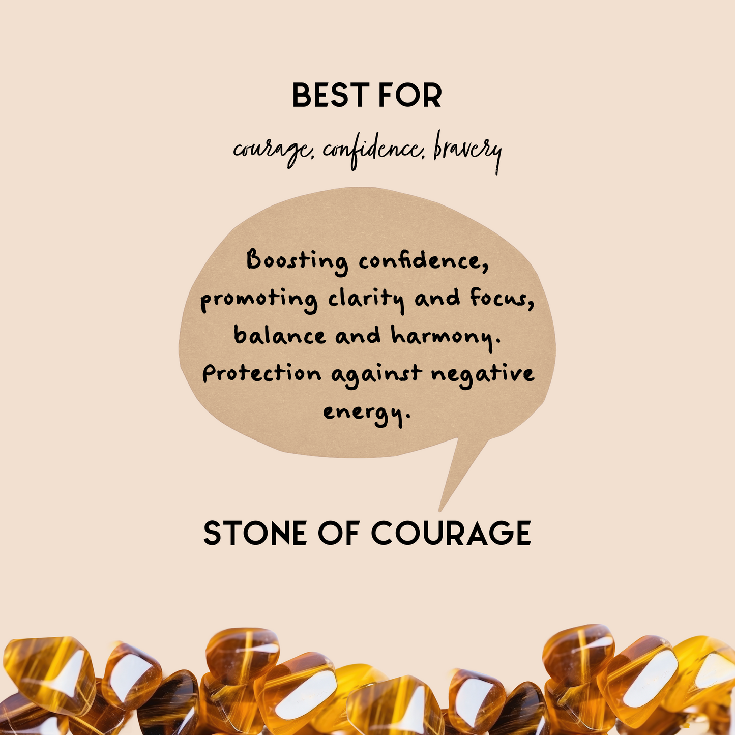 Mini infograph featuring Tigers Eye Crystals and a speech bubble that reads: boosting confidence, promoting clarity and focus, balance and harmony. Protection against negative energy. 