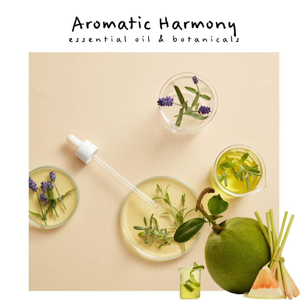 image of essential oils in petri dishes, wild lavender, pomelo and sage with a fresh whole pomelo and lemongrass and beaker set to the right side.